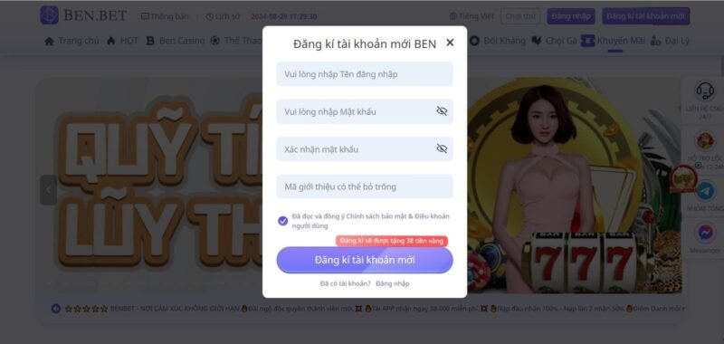 Điền dữ liệu để đăng ký benbet